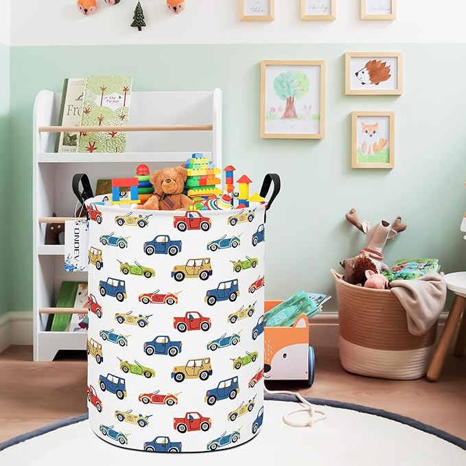 Round Car Themed Laundry Basket,Collapsible Laundry Hamper for Boys,Cute Vehicle Truck Print Storage Bin,Waterproof Toy Storage for Kids Room,Nursery,Playroom,New Parent Gift (Car)
