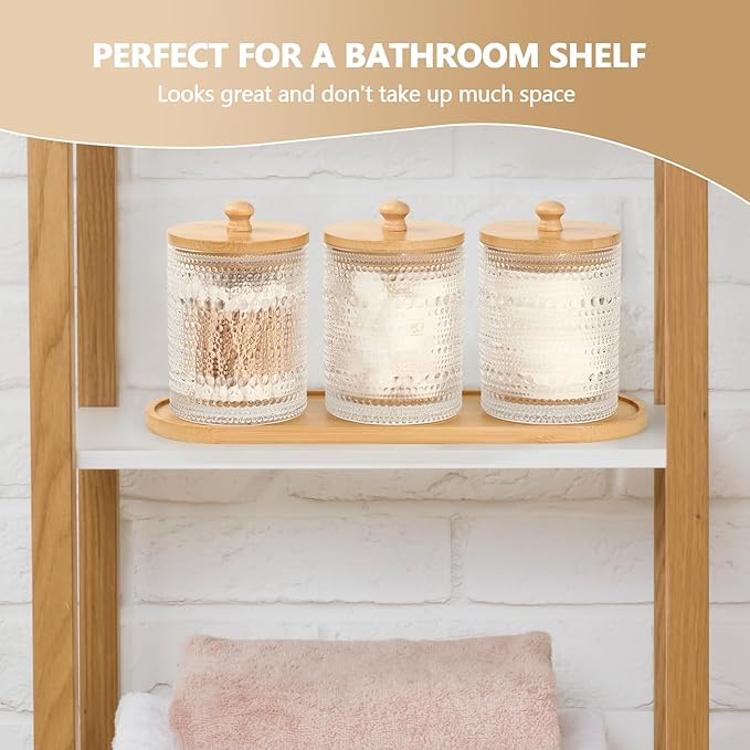 eggs sound 3 Pack Qtip Holder - Bathroom Organizers and Storage, Cotton Round Pad Holder Floss Pick Cotton Ball Holder with Tray, Glass Apothecary Jars with Lids, -clear y D