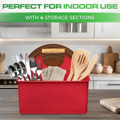 Plexon Metal Utensil Caddy With Handle - Farmhouse Rustic Kitchen Utensil Holder for Party Picnic Table Garden - Tool Cutlery Flatware Silverware Caddy Organizer Storage, Red