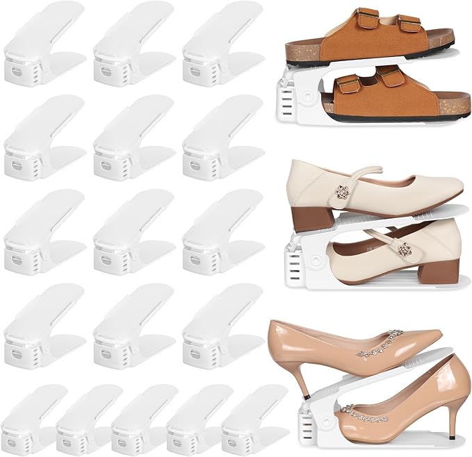 TOPNEW 20 Pack Shoe Slots Organizer Shoe Stacker for a Pair of Shoes 4 Levels Adjustable 50% Shoe Space Saver Double Layer Shoe Rack Organizer for Closet (White)