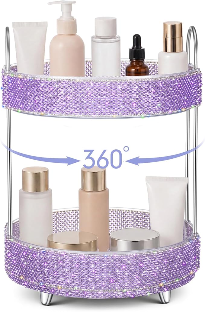 Honeydak 360 Rotating Perfume Organizer for Mother Day Nurse Day Rhinestone Bathroom Counter Organizer Makeup Holder Skincare and Perfume Storage for Cosmetic Countertop(2 Tiers,Pearl,Purple)