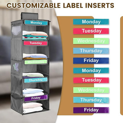 Weekly Clothes Organizer for Kids, 5-Shelf Hanging Closet Organizer with Visual Label, Multipurpose Polyester Clothes Organizer, Monday to Friday Weekly Clothing Organizer for Hats T-Shirts (Gray)