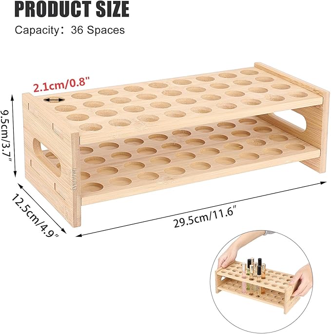 ELLDOO Rollerball Perfume Organizer, 36 Spaces Bamboo Perfume Storage Holder Beauty Scent Holder with Handle, Makeup Lipgloss Lipstick Display Case