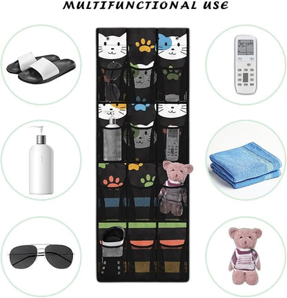 Cats Over the Door Organizer with 12 Mesh Pockets - Breathable Design for Bath Towels, Toiletries, Makeup (Waterproof Lining)