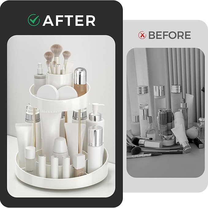 2 tier Makeup Organizer Countertop,360 Rotating Makeup Organizer for Skincare, Lipstick and Perfumes,Multi-function Cosmetic Display Cases for Vanity,Bathroom,White