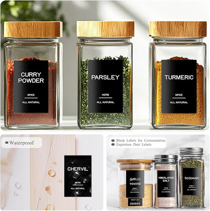 201 Spice Jar Labels - Black Preprinted Minimalist Waterproof Stickers for Kitchen Jars, Herb & Seasoning Labels for Pantry Organization