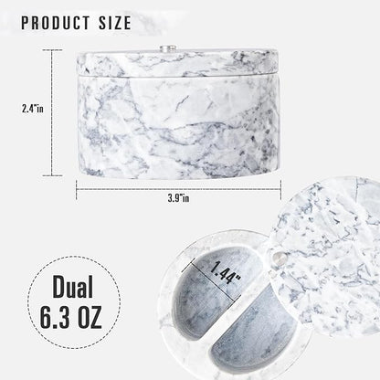 Salt Holder with Lid - Swivel Lid Marble Salt Cellar with Lid Two Compartments 6.3 Ounce Salt Containers for Countertop, White