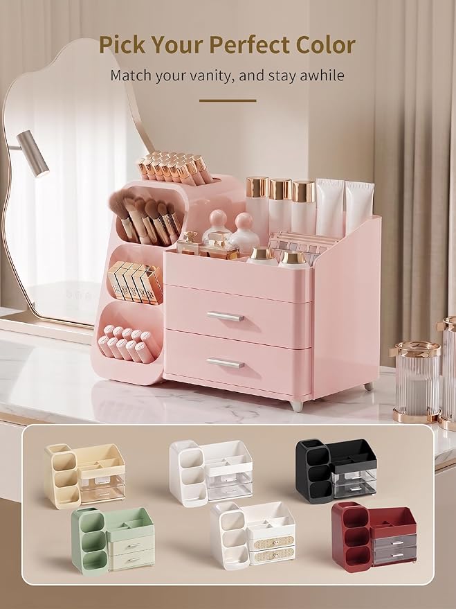 Booklov Makeup Organizer for Vanity, Large Capacity Cosmetic Display Case with Drawers, Countertop Beauty Storage Holder for Skincare, Brush Eyeliner Perfume Eyeshadow Lipsticks, Counter Desk, Pink