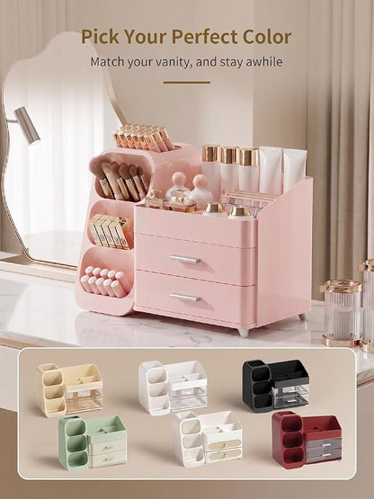 Booklov Makeup Organizer for Vanity, Large Capacity Cosmetic Display Case with Drawers, Countertop Beauty Storage Holder for Skincare, Brush Eyeliner Perfume Eyeshadow Lipsticks, Counter Desk, Pink