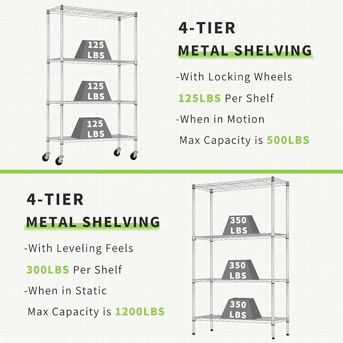 4 Tier Shelving Unit 62" H Adjustable Metal Shelves w/Wheels Heavy Duty Storage Shelf 1400Lb Capacity Garage Shelving Storage Wire Shelving for Kitchen, 36" L x 14" D x 62" H, Chrome