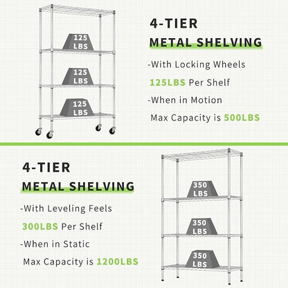 4 Tier Shelving Unit 62" H Adjustable Metal Shelves w/Wheels Heavy Duty Storage Shelf 1400Lb Capacity Garage Shelving Storage Wire Shelving for Kitchen, 36" L x 14" D x 62" H, Chrome