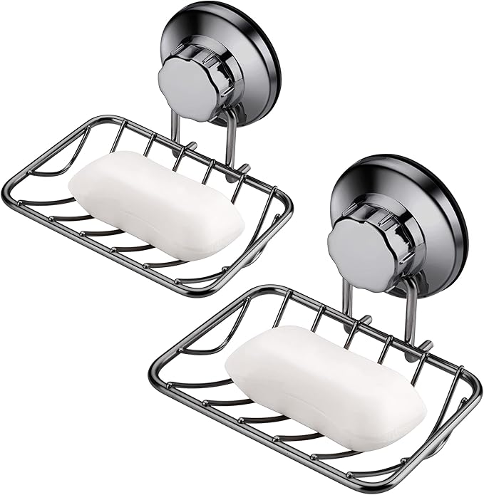 iPEGTOP Super Powerful Vacuum Suction Cup Shower Soap Dish - Strong Rustproof Stainless Steel Soap Saver Sponge Holder for Bathroom & Kitchen Sink (Graphite) - 2 Pack