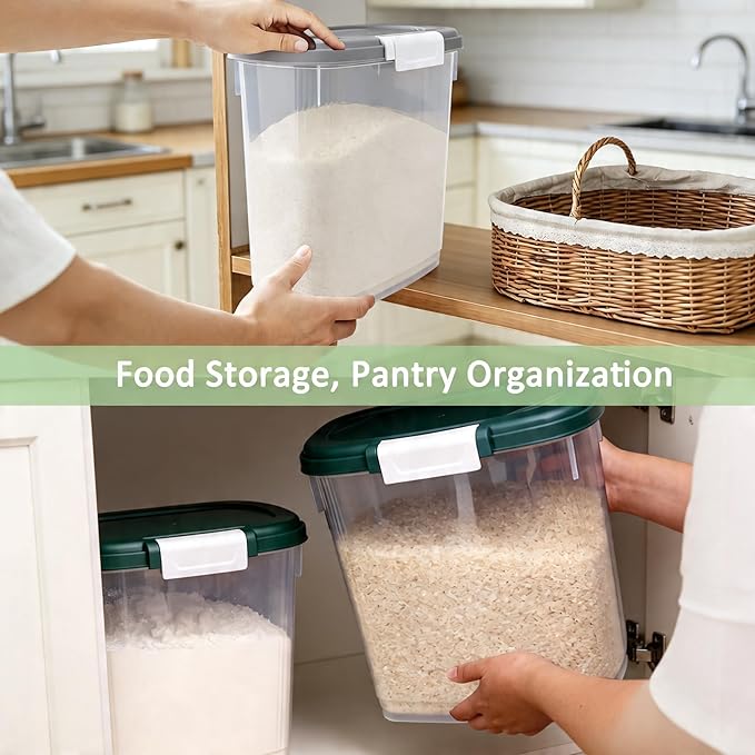 Dark Green Rice Storage Container 15-20 Lbs, Large Tall Flour Container with Lid + Scoop + Cup - Slim Dry Food Storage Bin for Cereal, Sugar, Beans, Pet Foods - Kitchen and Pantry Storage Organization