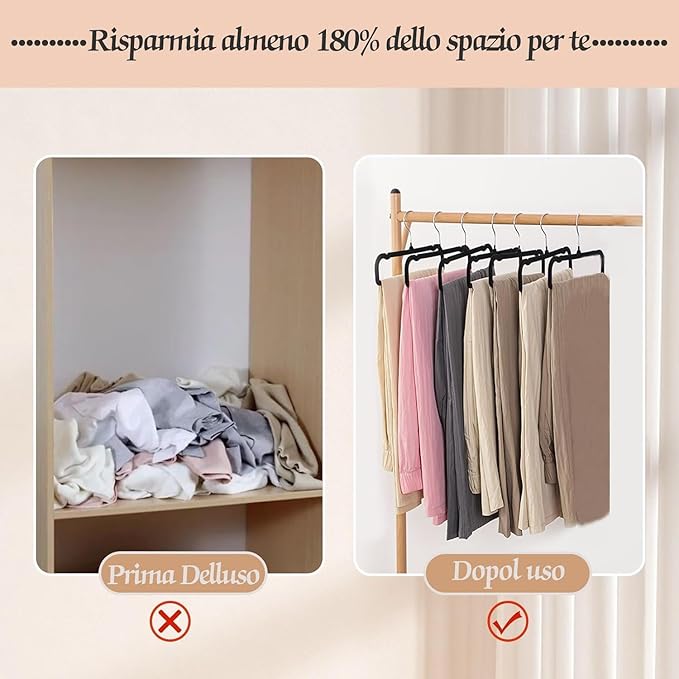 Velvet Pant Hangers, 20pcs Heavy Duty Flocked Trouser Hangers with Non-Slip Bar, 35cm(L) Adult Clothes Hanger with Swivel Hook, Slim Felt Jean Hangers (Black-Silver) Short Neck Huggable Hangar