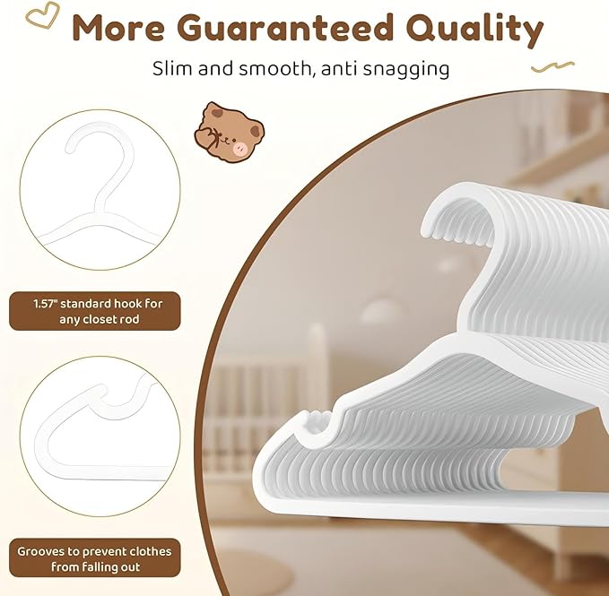 VILICK Plastic Kids Hangers - 150 Pack Non-Slip Baby Clothes Hangers for Closet, Toddler & Newborn Clothing Pants, Skirts, Coats (White)