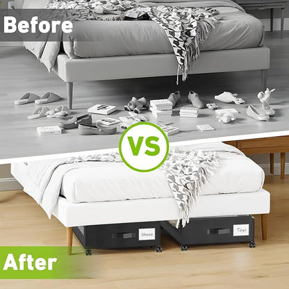 Molutsody Under Bed Storage with Wheels, 2-Pack Underbed Storage Containers with Clear Lids, Under Bed Shoe Storage Organizer, Rolling Under the Bed Storage Bins for Clothes Shoes Blankets (Black)