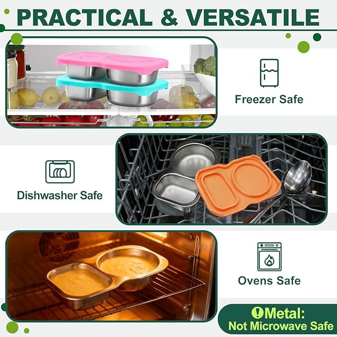 4-Pack Stainless Steel Snack Containers with Lid, Salad Dressing Container To Go, 5.3Oz 2-Compartment Small Condiment Container with Leak Proof Silicone Lid, Perfect Size Reusable Sauce Cup Snack Box