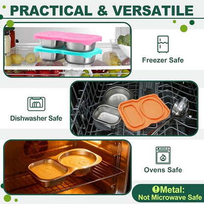 4-Pack Stainless Steel Snack Containers with Lid, Salad Dressing Container To Go, 5.3Oz 2-Compartment Small Condiment Container with Leak Proof Silicone Lid, Perfect Size Reusable Sauce Cup Snack Box