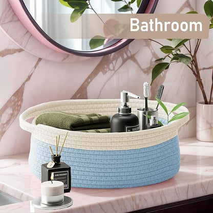 JMvicyroam Woven Basket,Small Rope Storage Bin with Handles & Ribbon Bag, Organizer for Shelves Closets,Gift Basket Empty for Birthday,Books,Dog Toys, White&Blue/3 Pack