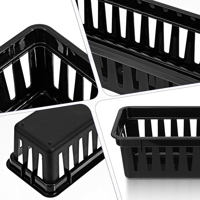12 Pcs Slim Plastic Storage Baskets Tray, 10 x 3 x 2.4 Inch Black Small Narrow Storage Bins Stackable Desktop Stationery Holder for School, Classroom, Office, Home