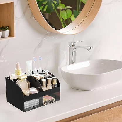 Makeup Organizer with 2 Drawers, Cosmetic Storage for Dresser Vanity and Bathroom Countertop,Make up organization and Skincare Storage with Beauty Brush Holder, Cosmetic Display Case (Black)