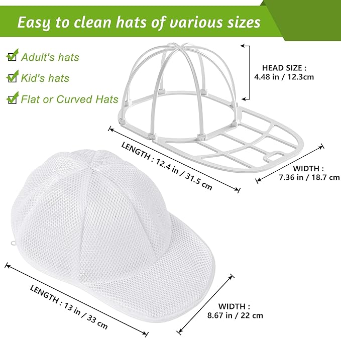 Eiito 2 Pack Hat Washer Cage for Washing Machine, Baseball Cap Cleaner Frame with Mesh Bag, Keeps Shape for Flat & Curved Brim, Fits Adult & Kids, White