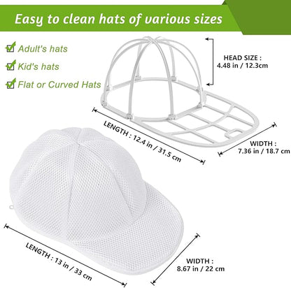 Eiito 2 Pack Hat Washer Cage for Washing Machine, Baseball Cap Cleaner Frame with Mesh Bag, Keeps Shape for Flat & Curved Brim, Fits Adult & Kids, White