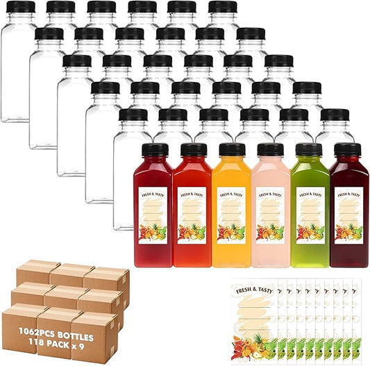 BAKHUK BAKHUK1062pcs 12oz Empty Plastic Juice Bottles with Caps, Plastic Water Bottles with lids, Reusable Clear Bulk Beverage Containers for Juice, Milk and Other Beverages
