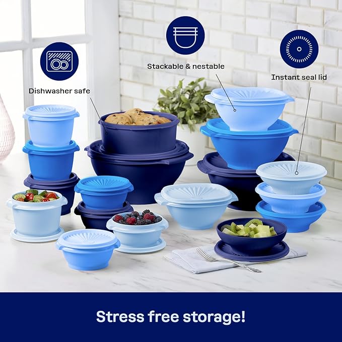 Tupperware Heritage Collection, New 36 Piece Food Storage Container Set in Vintage Blue, Dishwasher Safe and BPA Free (18 containers, 18 lids)
