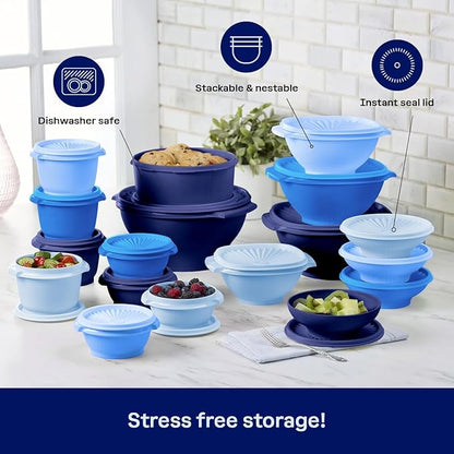 Tupperware Heritage Collection, New 36 Piece Food Storage Container Set in Vintage Blue, Dishwasher Safe and BPA Free (18 containers, 18 lids)