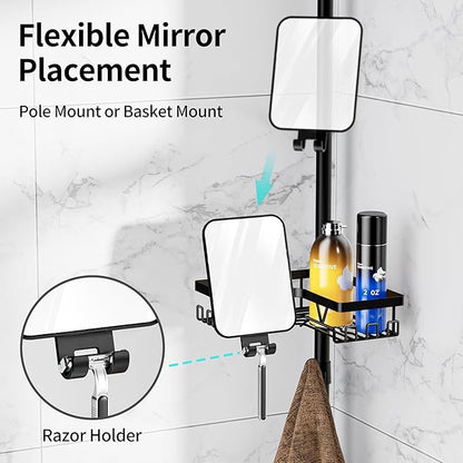KEGII Shower Caddy Tension Pole - Adjustable Rustproof Corner Bathroom Organizer with Fogless Shower Mirror, 25–114.2 Inch No-Drill Bathroom Storage, Black