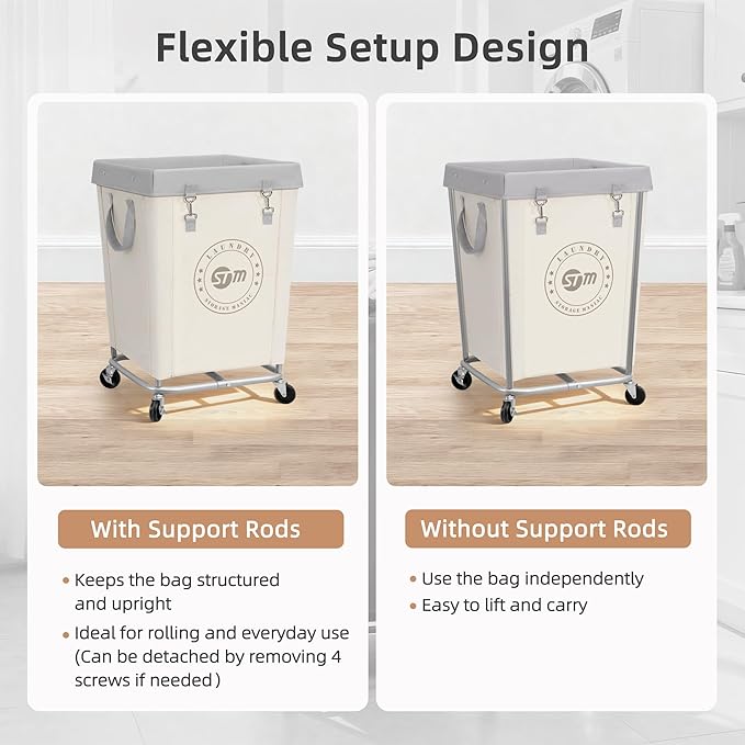 STORAGE MANIAC Commercial Laundry Hamper with Heavy Duty Steel Frame, 160 L Industrial Laundry Basket Cart with Wheels for Hotel, Home, Laundry Room, 18''L x 18''W x 31''H, Medium Beige