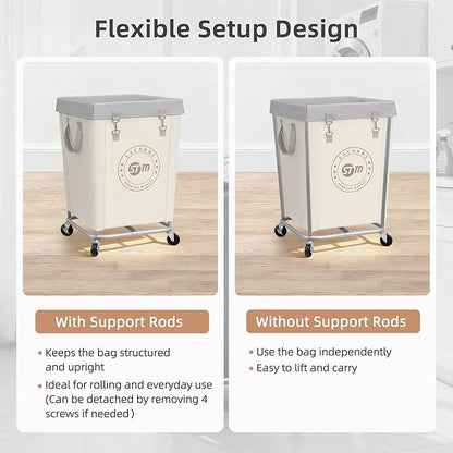 STORAGE MANIAC Commercial Laundry Hamper with Heavy Duty Steel Frame, 160 L Industrial Laundry Basket Cart with Wheels for Hotel, Home, Laundry Room, 18''L x 18''W x 31''H, Medium Beige