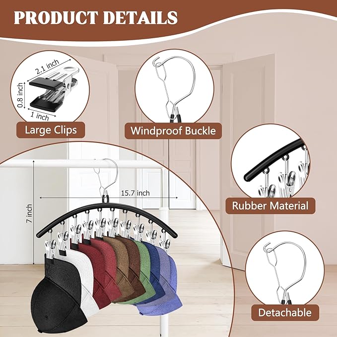 1 Pack Hat Hangers for Closet Display, Metal Hat Organizer for Baseball Caps with 10 Clips, Hats Rack Holder for Closet, Hats Storage for Baseball Caps Beanie Accessories Men Women, Black