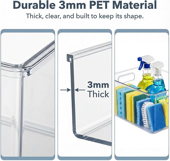 MOONEDGE Set of 12 Clear Plastic Storage Organizer Bins – 4 Large and 8 Small Nestable Space-Saving System for Under-Sink, Bathroom, Kitchen, Fridge & Cabinet Organization