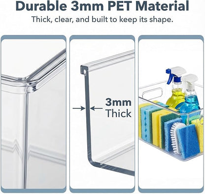 MOONEDGE Set of 12 Clear Plastic Storage Organizer Bins – 4 Large and 8 Small Nestable Space-Saving System for Under-Sink, Bathroom, Kitchen, Fridge & Cabinet Organization