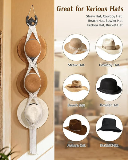 Macrame Wall Hat Rack Boho Hat Organizer Wall Mount with Cast Iron Horsehead Hanger Western Hat Holder for Women Wide Brimmed Fedora Straw Cowboy Hats Storage Back of Door Decorative Display