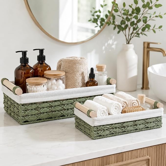 Green Wicker Bathroom Baskets Set of 2 with Linen Liner & Wooden Handles – Sage Green Paper Rope Storage Baskets for Shelves, Bathroom Counter & Spa Décor