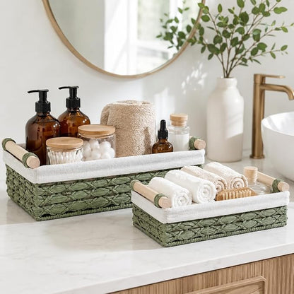 Green Wicker Bathroom Baskets Set of 2 with Linen Liner & Wooden Handles – Sage Green Paper Rope Storage Baskets for Shelves, Bathroom Counter & Spa Décor