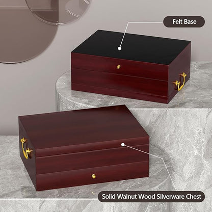 Walnut Silverware Storage Box,Silverware Flatware Case with Felt Lined,Flatware Storage Box for 12 sets of Utensils,Silverware Chest without Silverware,Silverware Organizer with Lid
