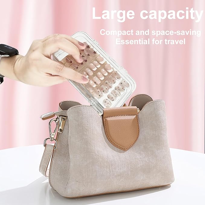 Tri-Fold Press on Nail Storage Box,Portable Press on Nails Organizer Case with 60 Pcs Adhesive Double Sided Tape,Acrylic Nail Storage Box for All Size Fake Nails Home Travel Use