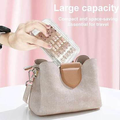 Tri-Fold Press on Nail Storage Box,Portable Press on Nails Organizer Case with 60 Pcs Adhesive Double Sided Tape,Acrylic Nail Storage Box for All Size Fake Nails Home Travel Use