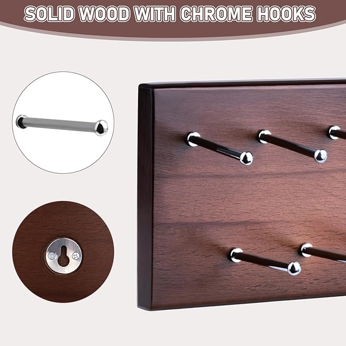 Tie Rack Wall Mounted, Wood Belt Hanger for Closet with 21 Chrome Hooks, Belt Storage Holder Organizer for Men Belts, Ties, Scarves, Wooden
