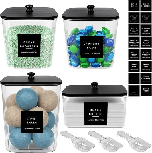 POLRAI 4 Pack Laundry Pod Containers and Dryer Sheet Holder with Bamboo Lids and Labels Laundry Room Organization Containers for Scent Booster Powder Detergent Pods Storage