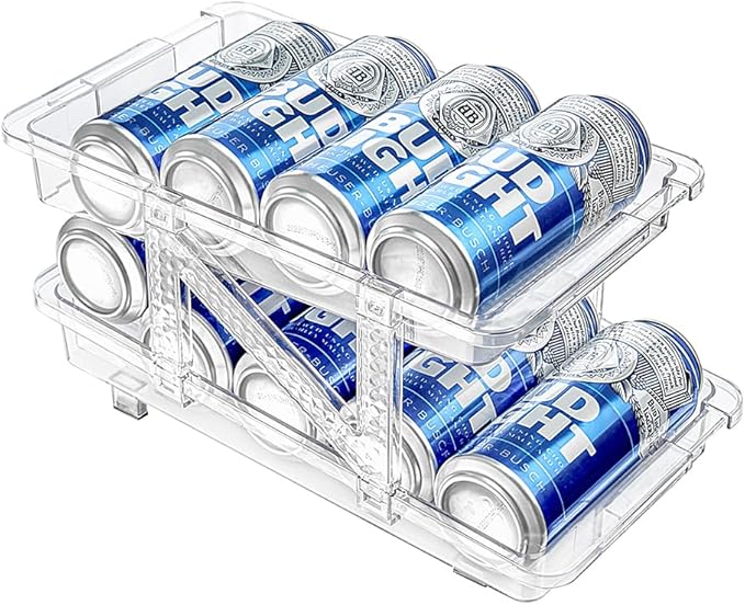 Xicennego Adjustable Soda Can Organizer for Refrigerator, Cabinets, Countertops, Beverage Can Dispenser for Fridge, for Standard Cans, Skinny Cans, And Tall Cans (Clear)