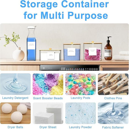 3+1 Pack Laundry Pods Containers & Dryer Sheet Holder & Laundry Detergent Dispenser, Laundry Room Organization and Storage Jars with Lids, Labels and Scoops for Scent Booster, Powder, Pods