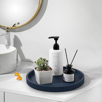 Silicone Bathroom Tray Round Kitchen Counter Organizer Decorative Vanity Accessories Coffee Table Decor for Perfume, Candle, Soap Dish, 10 Inch, Dark Blue