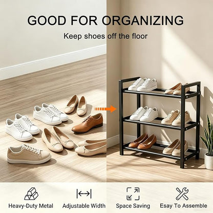 Expandable 3-Tier Shoe Rack Adjustable Shelf Organizer for Entryway Closet Freestanding Narrow Shoe Storage Cabinet for Small Spaces Holds 6-12 Pairs Heels Sneakers (Black, 3 Tier)