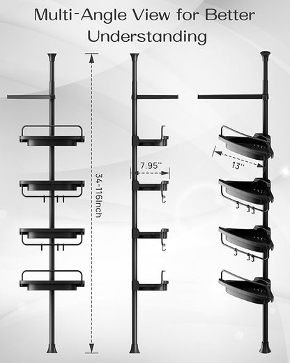 ALLZONE Corner Shower Caddy Tension Pole, Extendable Rustproof Stainless Steel Pole & 4-Tier Adjustable Shelves for Easy Drainage and Built-to-Last Stability, 34 to 116 Inches, Black