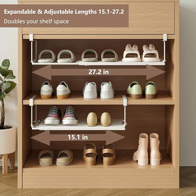 Expandable Under-Shelf Shoe Rack for Closet(1-Pack) - Adjustable Under Shelf Storage Organizer, No-Tool Installation Sturdy Metal Hanging Shelves for Sneakers, Flats & Casual Shoes (White)